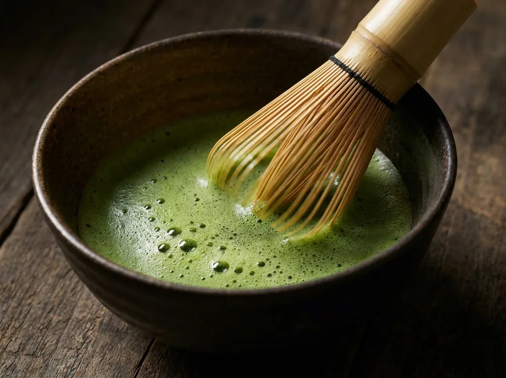 Bamboo whisk frothing matcha in a dark bowl