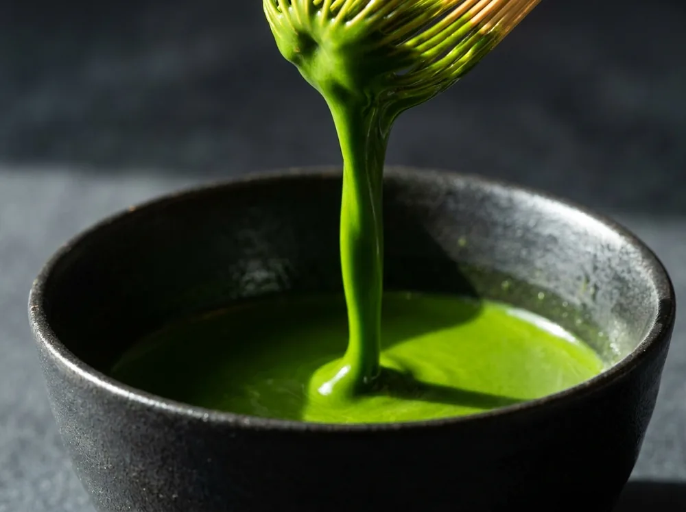 Glossy whisked matcha mid-pour