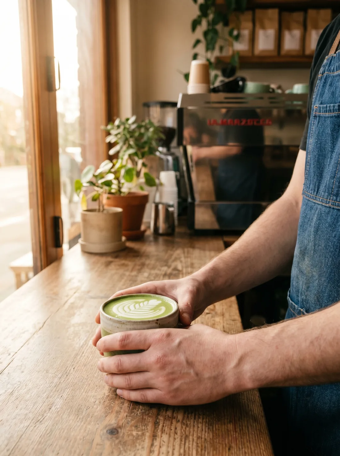 Matcha latte with latte art on a cafe bar